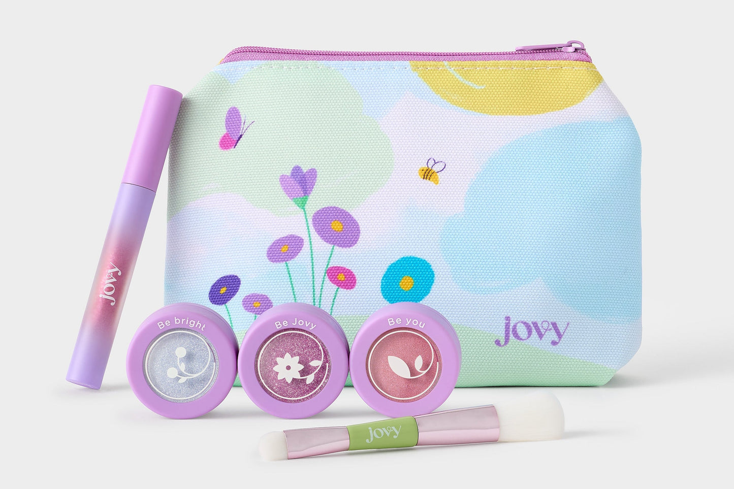 Jovy Berry Bliss Play Makeup Kit, a kids' makeup gift set with a makeup bag, lip gloss, three dual eyeshadow/blush colors, and a duo makeup brush.