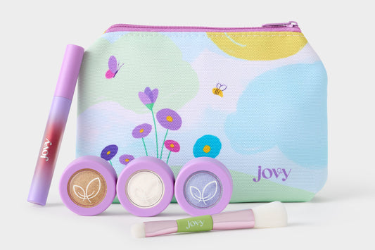 Jovy Berry Bright Play Makeup Kit, a kids' makeup gift set with a makeup bag, lip gloss, three dual eyeshadow/blush colors, and a duo makeup brush.